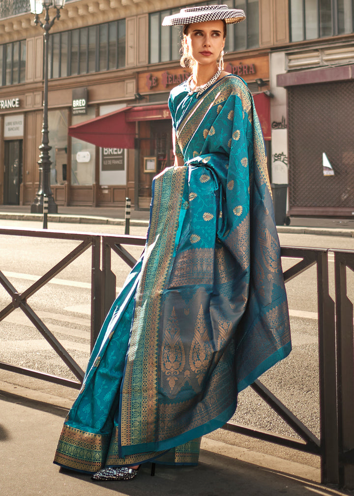 Cerulean Blue Handloom Woven Silk Saree