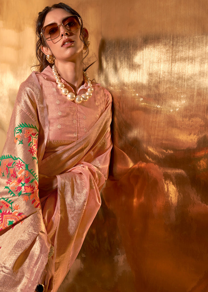 Beautiful Pink Tissue Silk Saree with Zari Work
