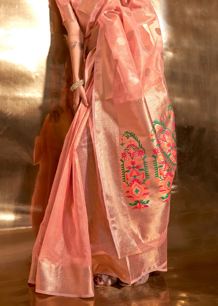 Beautiful Pink Tissue Silk Saree with Zari Work