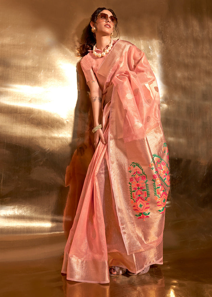 Beautiful Pink Tissue Silk Saree with Zari Work