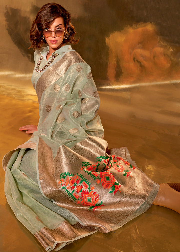 Light Green Tissue Silk Saree with Zari Work