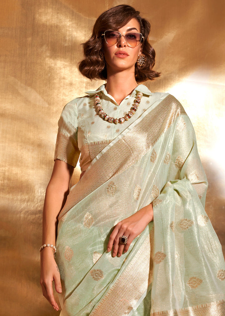 Light Green Tissue Silk Saree with Zari Work