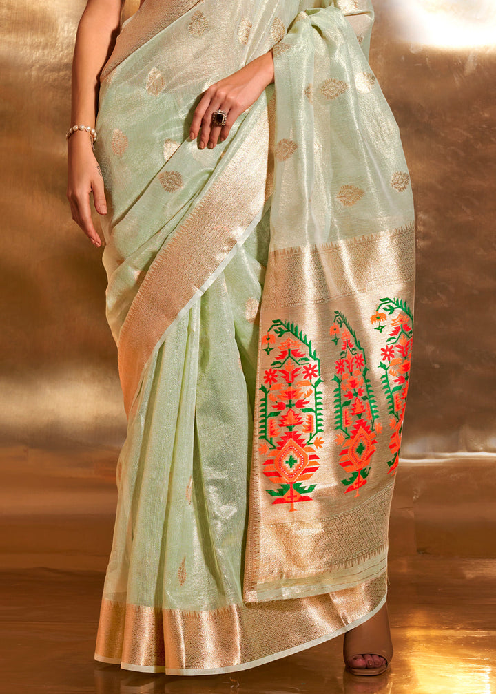 Light Green Tissue Silk Saree with Zari Work
