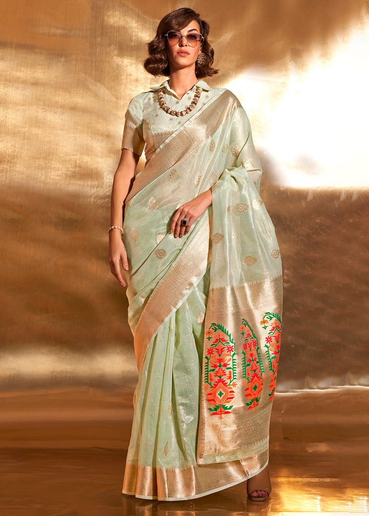 Light Green Tissue Silk Saree with Zari Work