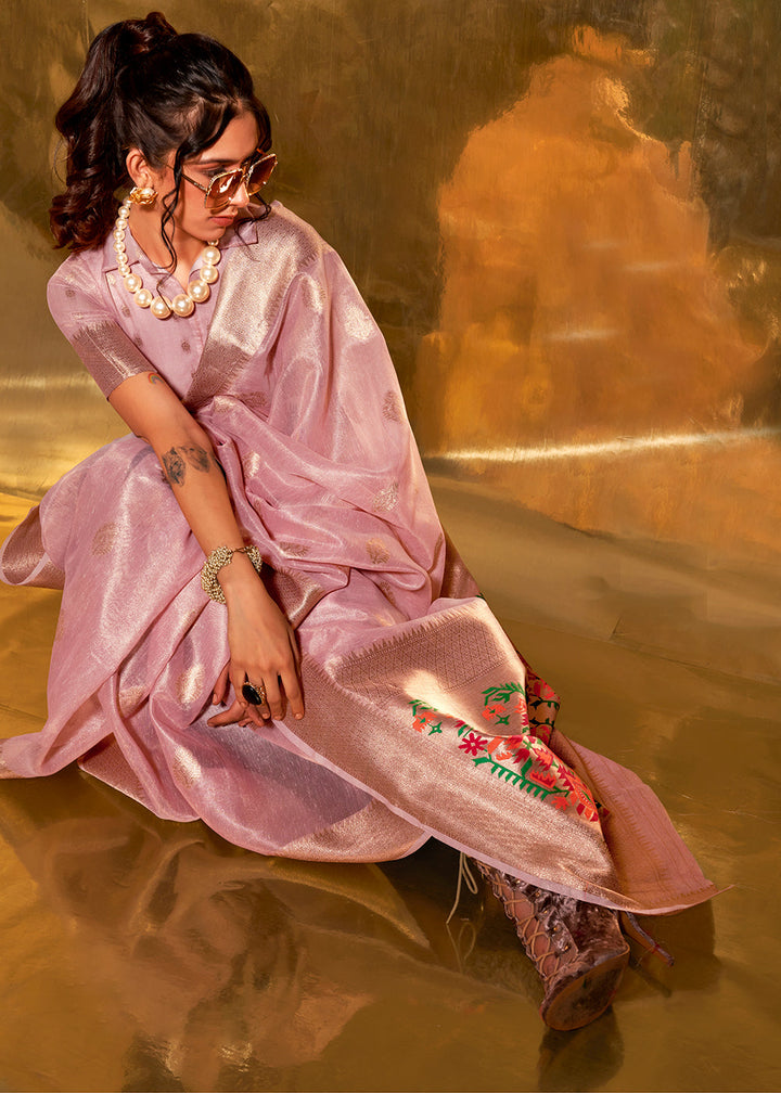Pinkish Purple Tissue Silk Saree with Zari Work