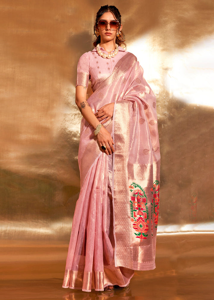 Pinkish Purple Tissue Silk Saree with Zari Work