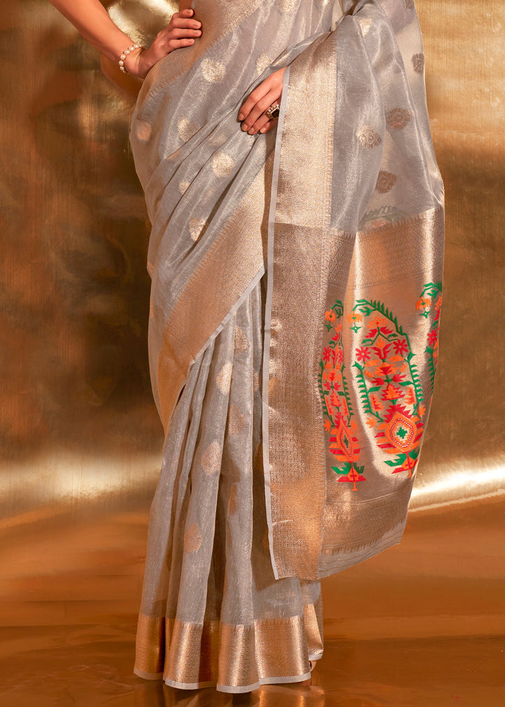 Coin Grey Tissue Silk Saree with Zari Work