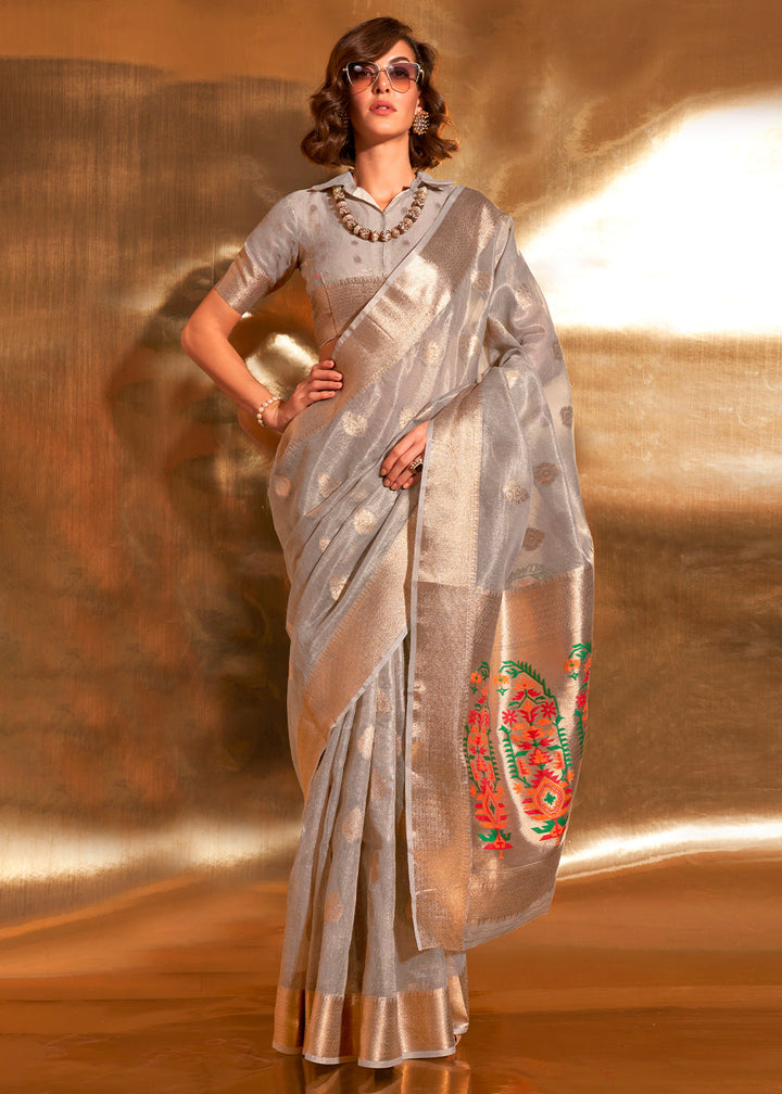 Coin Grey Tissue Silk Saree with Zari Work