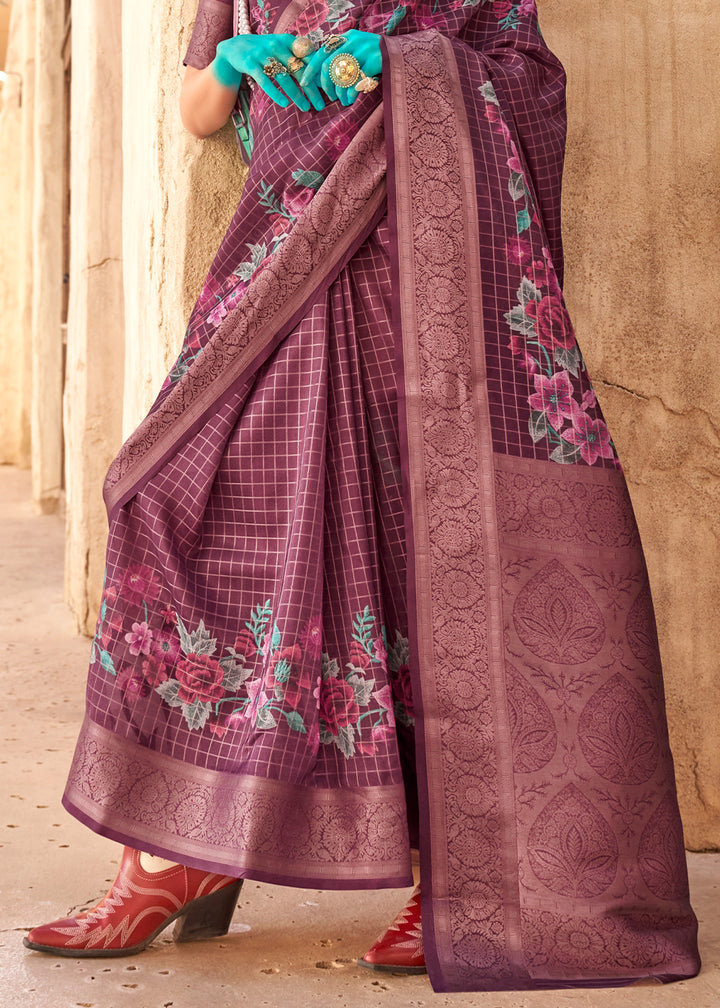 Damson Purple Handloom Georgette Silk Saree with Floral Prints and Woven Border