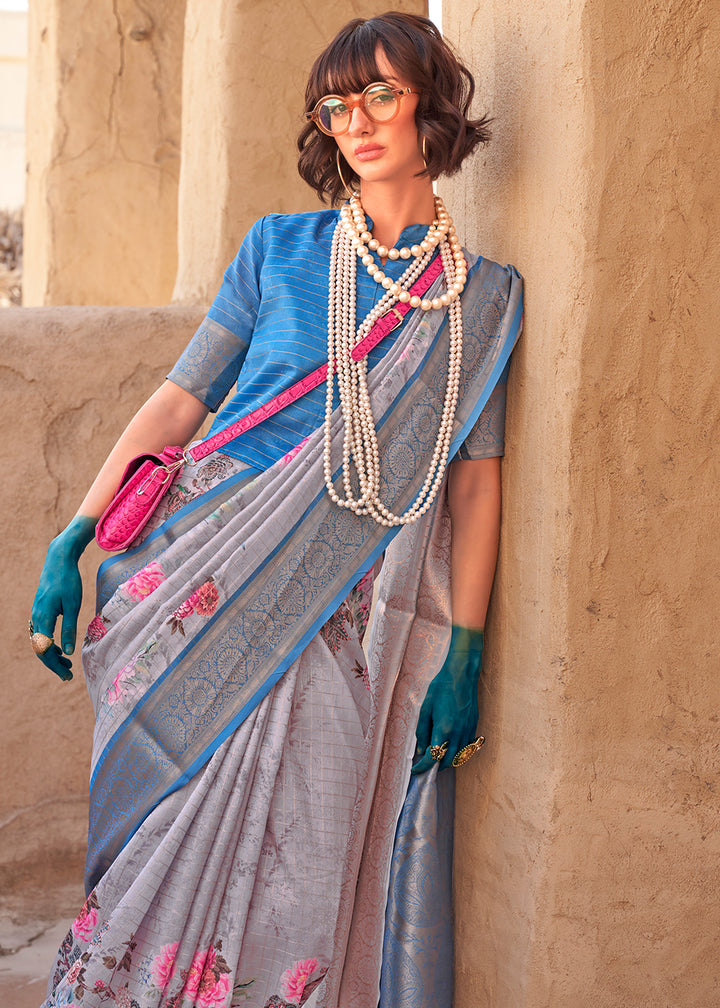 Lava Grey Handloom Georgette Silk Saree with Floral Prints and Woven Border