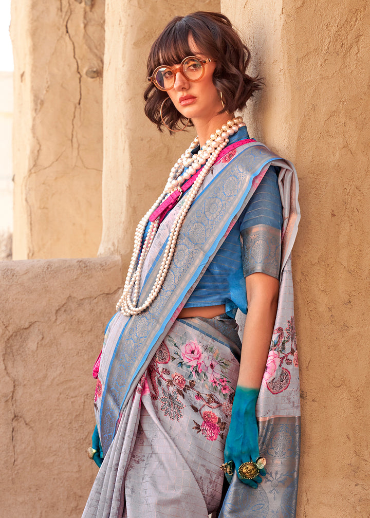 Lava Grey Handloom Georgette Silk Saree with Floral Prints and Woven Border