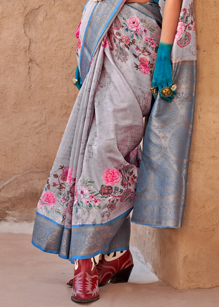 Lava Grey Handloom Georgette Silk Saree with Floral Prints and Woven Border