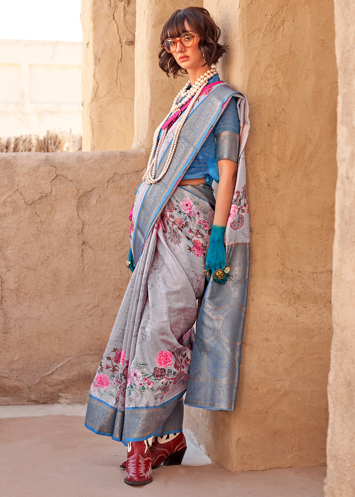 Lava Grey Handloom Georgette Silk Saree with Floral Prints and Woven Border