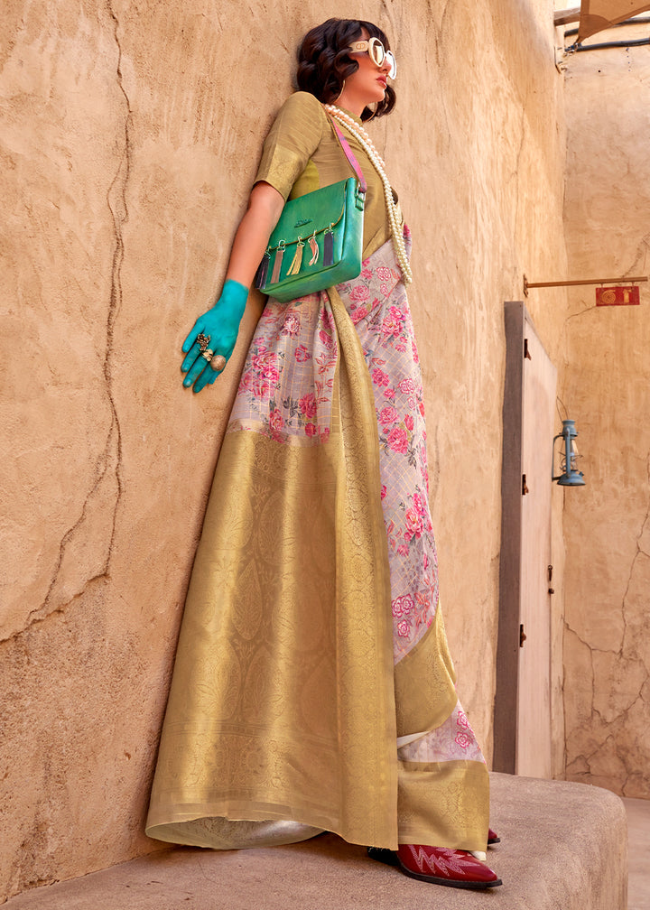 Light Grey Handloom Georgette Silk Saree with Floral Prints and Woven Border