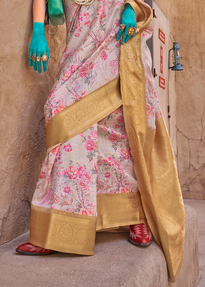 Light Grey Handloom Georgette Silk Saree with Floral Prints and Woven Border
