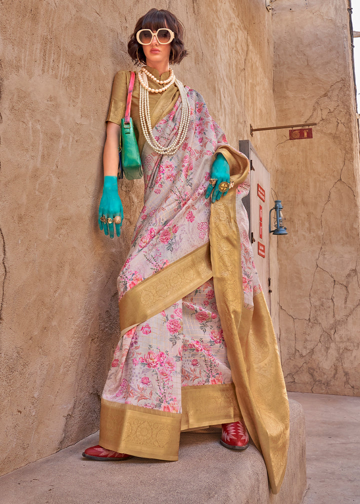 Light Grey Handloom Georgette Silk Saree with Floral Prints and Woven Border