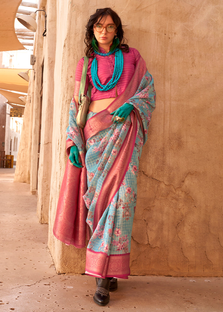 Light Blue Handloom Georgette Silk Saree with Floral Prints and Woven Border