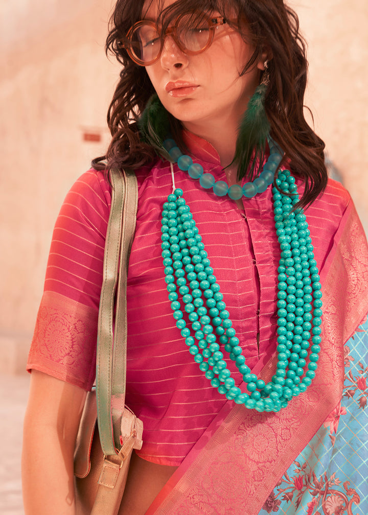 Light Blue Handloom Georgette Silk Saree with Floral Prints and Woven Border