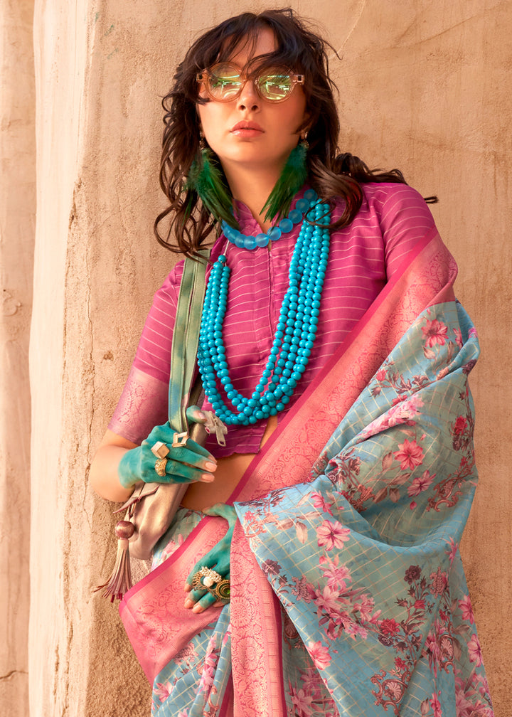 Light Blue Handloom Georgette Silk Saree with Floral Prints and Woven Border