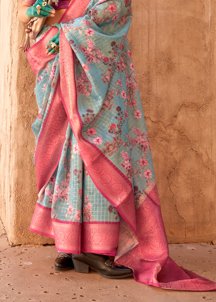 Light Blue Handloom Georgette Silk Saree with Floral Prints and Woven Border