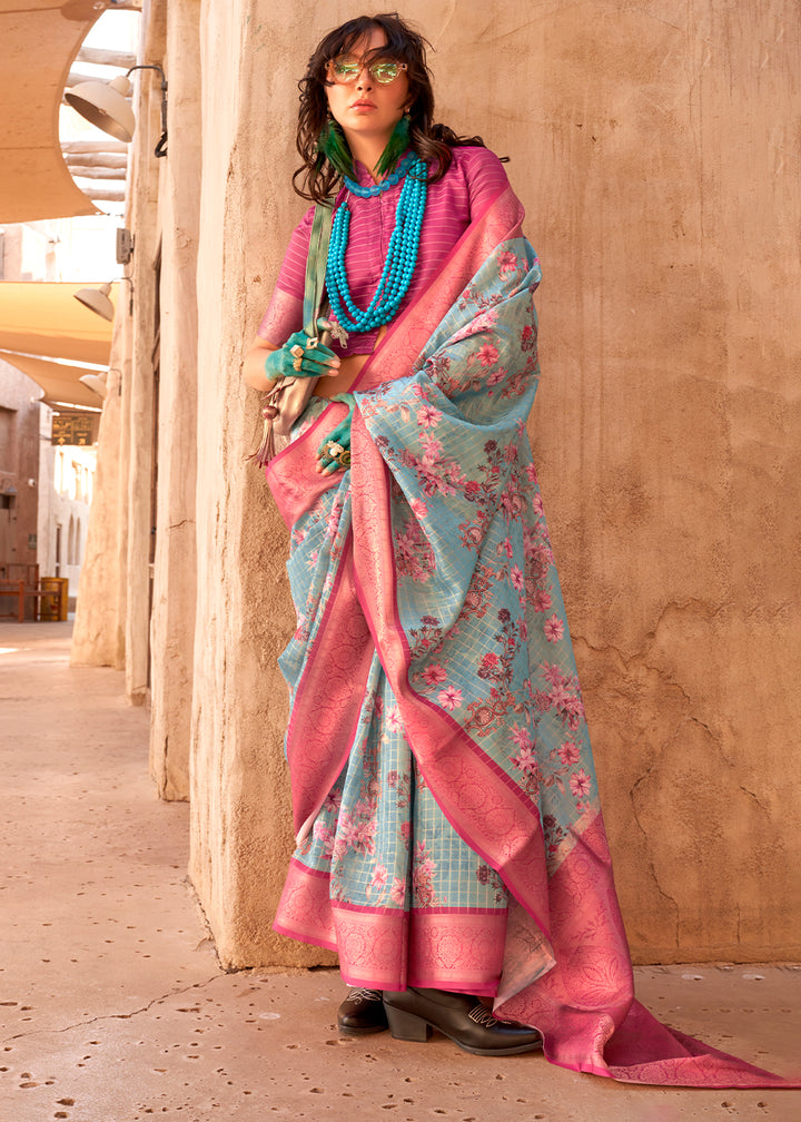 Light Blue Handloom Georgette Silk Saree with Floral Prints and Woven Border
