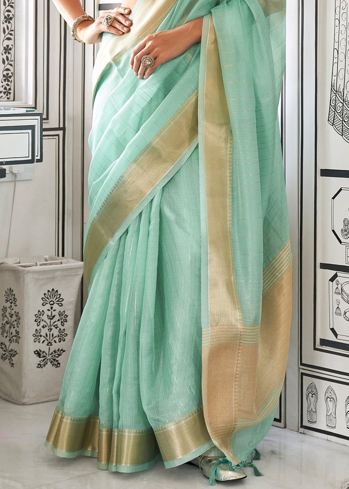 Baby Blue Moss Chiffon Silk Saree with Handcrafted Handloom Weaving