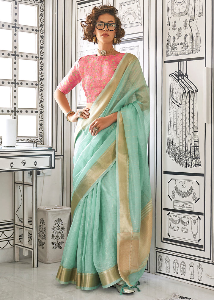 Baby Blue Moss Chiffon Silk Saree with Handcrafted Handloom Weaving