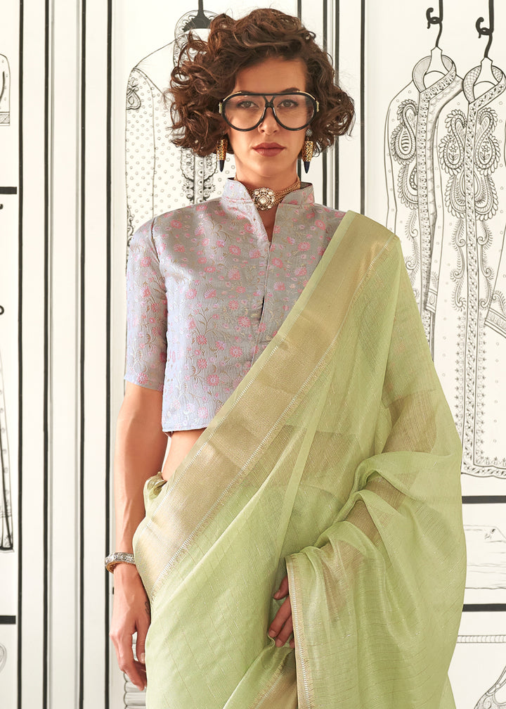Tea Green Moss Chiffon Silk Saree with Handcrafted Handloom Weaving
