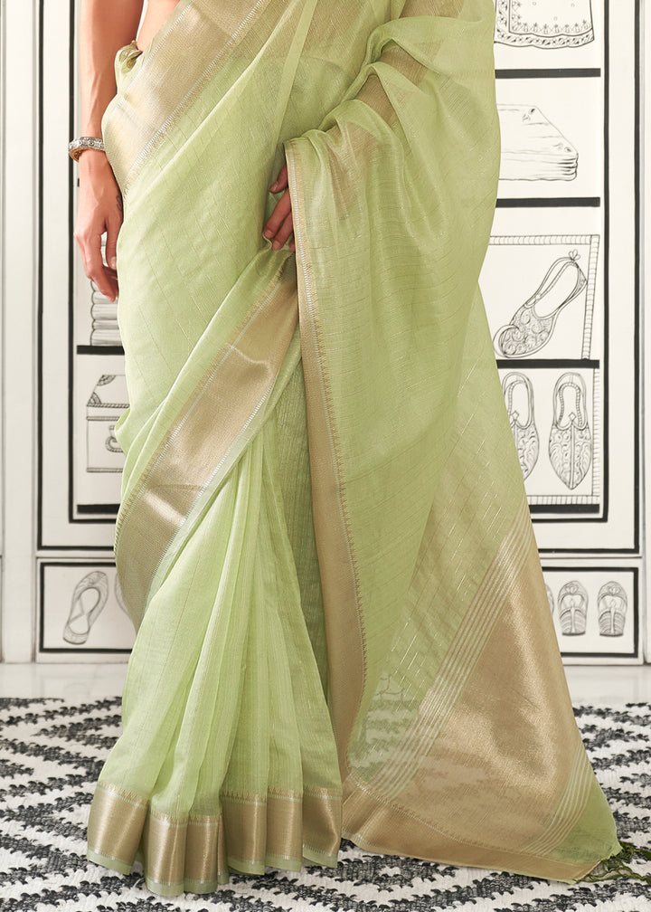 Tea Green Moss Chiffon Silk Saree with Handcrafted Handloom Weaving