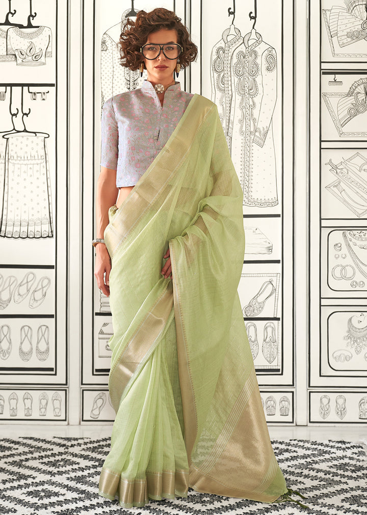 Tea Green Moss Chiffon Silk Saree with Handcrafted Handloom Weaving