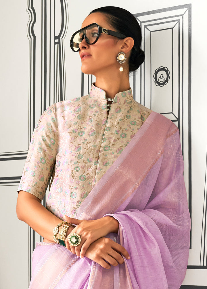 Lavender Purple Moss Chiffon Silk Saree with Handcrafted Handloom Weaving