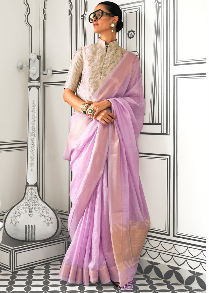 Lavender Purple Moss Chiffon Silk Saree with Handcrafted Handloom Weaving