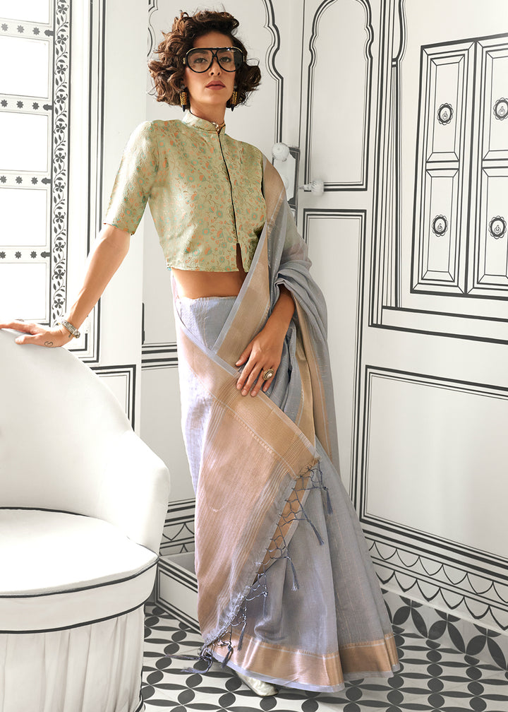 Pewter Grey Moss Chiffon Silk Saree with Handcrafted Handloom Weaving
