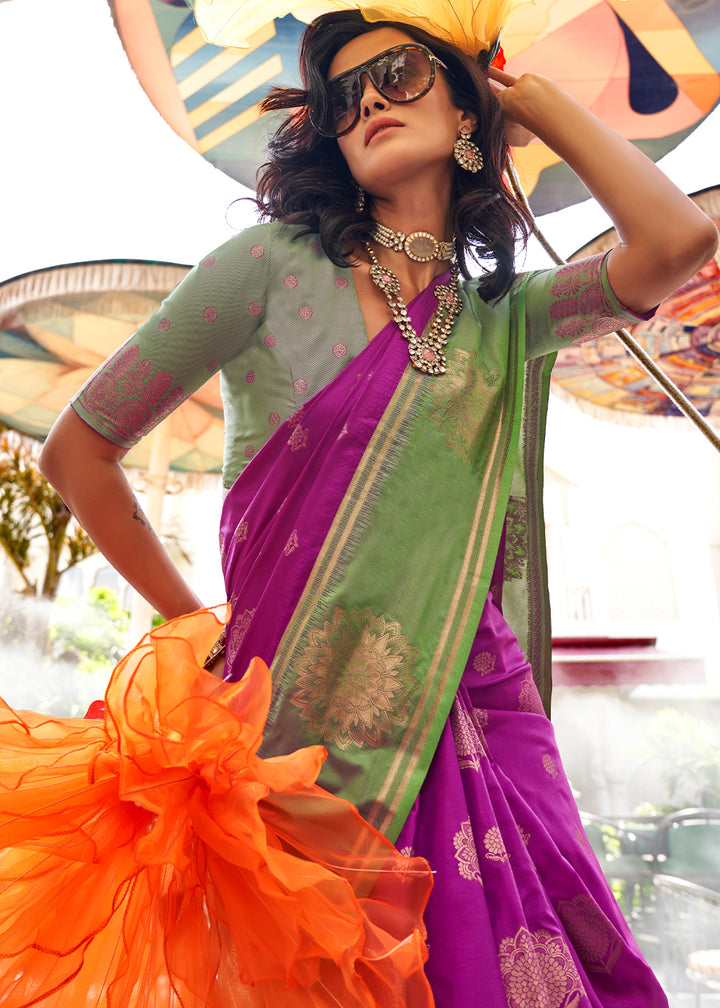 Orchid Purple & Green Two-Tone Contrast Silk Saree with Handloom Weave