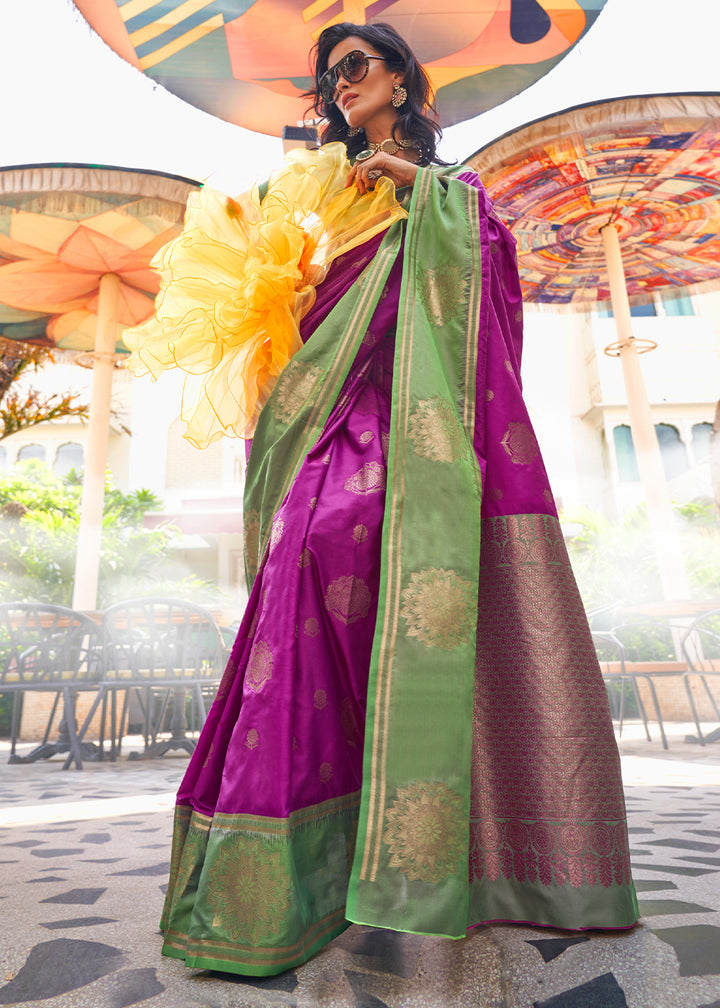 Orchid Purple & Green Two-Tone Contrast Silk Saree with Handloom Weave