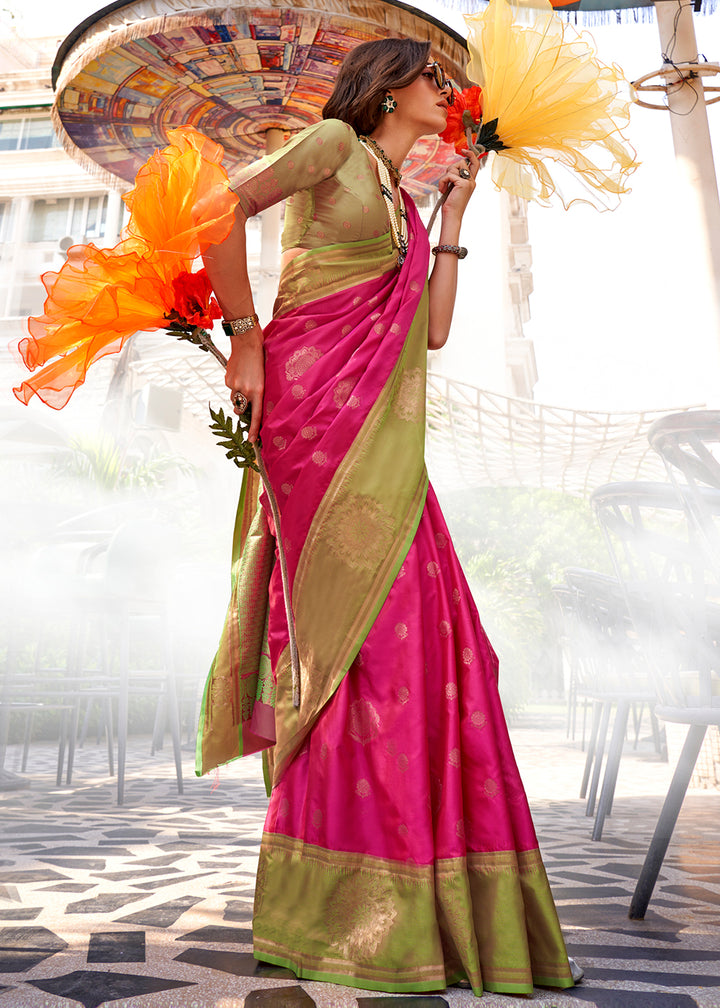 Hot Pink & Green Two-Tone Contrast Silk Saree with Handloom Weave