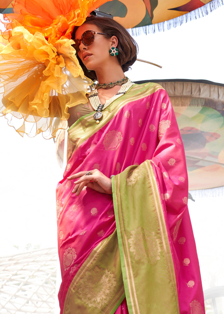 Hot Pink & Green Two-Tone Contrast Silk Saree with Handloom Weave