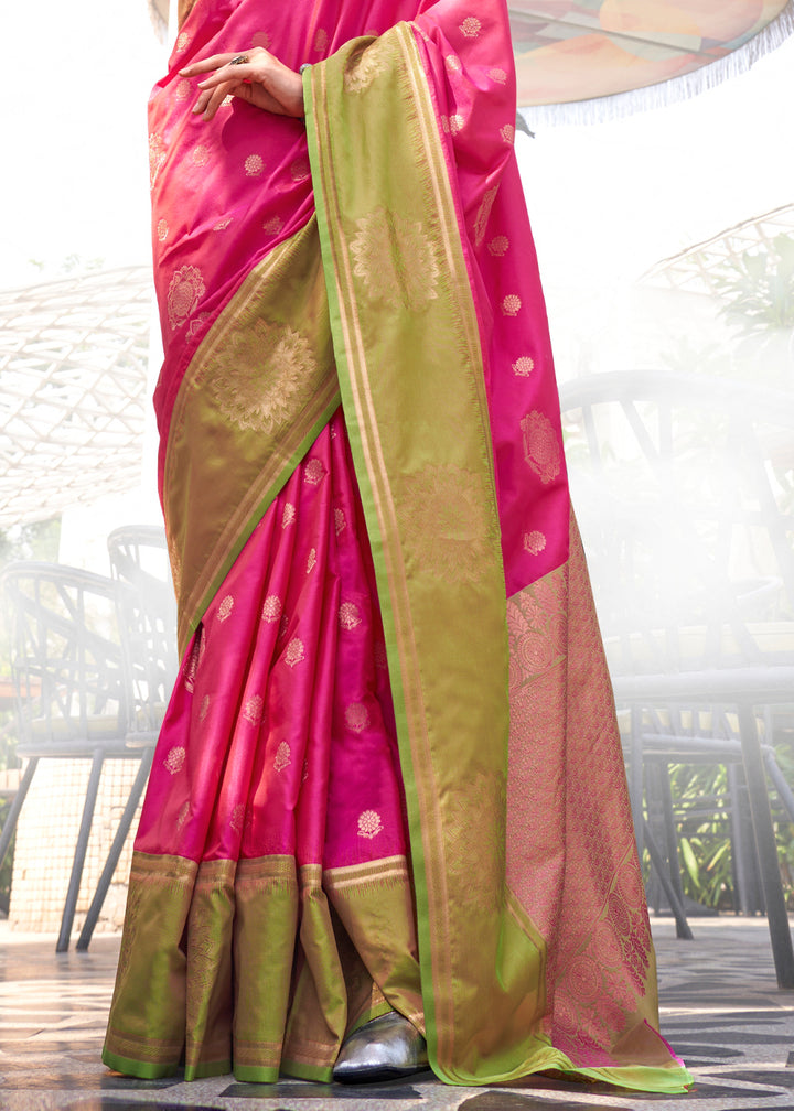 Hot Pink & Green Two-Tone Contrast Silk Saree with Handloom Weave