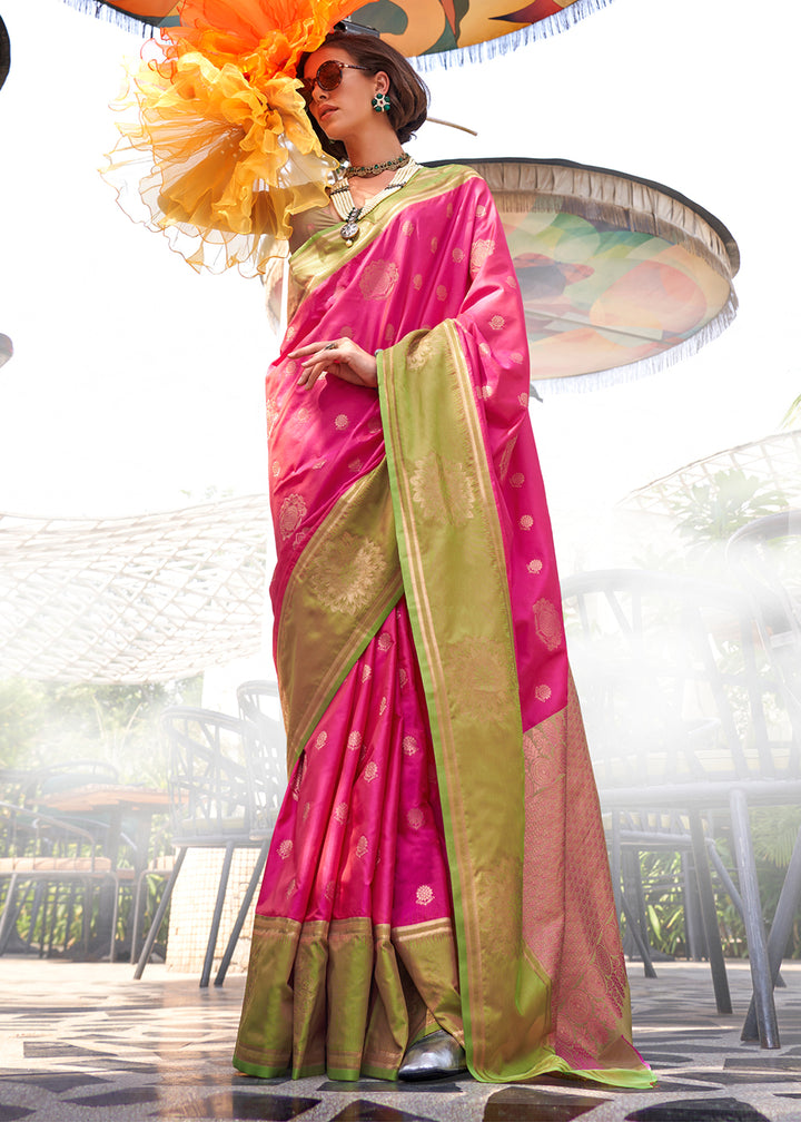 Hot Pink & Green Two-Tone Contrast Silk Saree with Handloom Weave