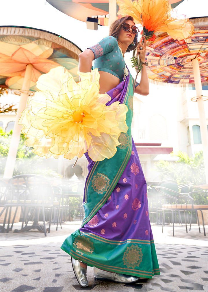 Eminence Purple & Blue Two-Tone Contrast Silk Saree with Handloom Weave