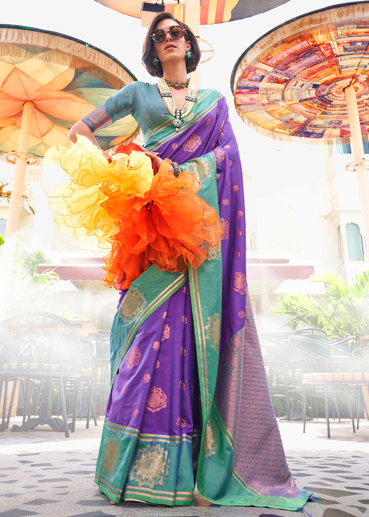 Eminence Purple & Blue Two-Tone Contrast Silk Saree with Handloom Weave