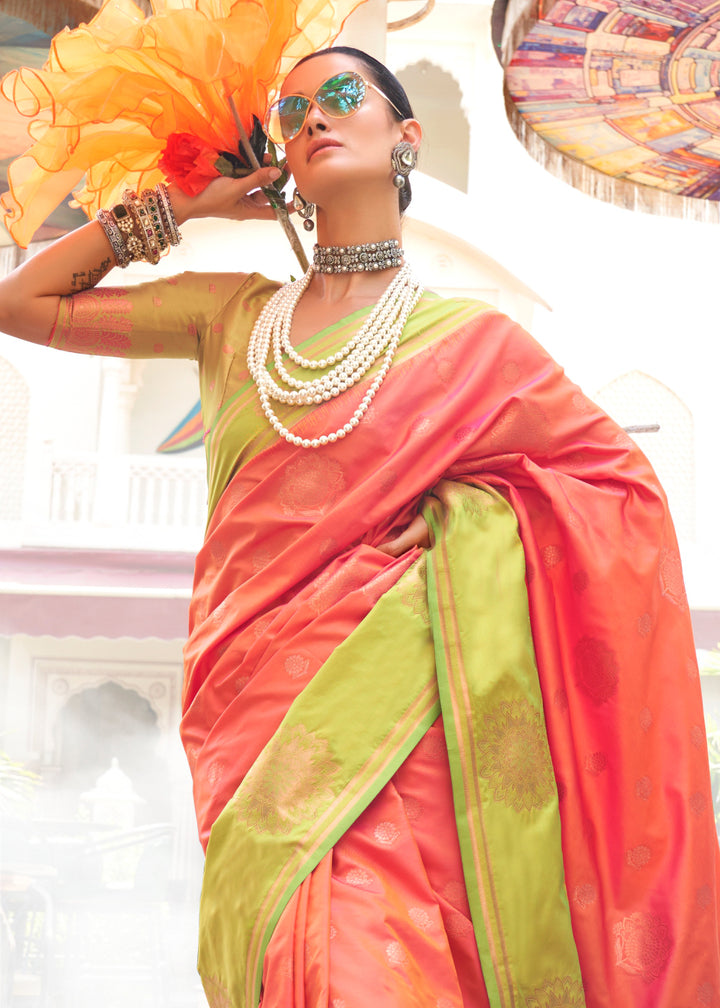 Ultra Pink & Green Two-Tone Contrast Silk Saree with Handloom Weave