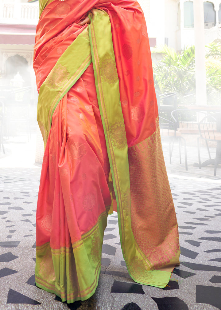 Ultra Pink & Green Two-Tone Contrast Silk Saree with Handloom Weave