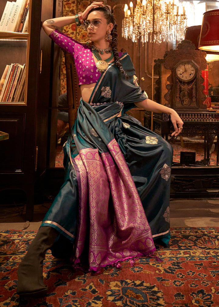 Deep Bluish Green Satin Silk Saree with All-Over Zari Butta Weave