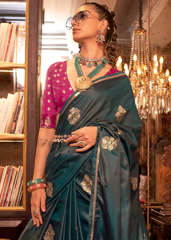 Deep Bluish Green Satin Silk Saree with All-Over Zari Butta Weave