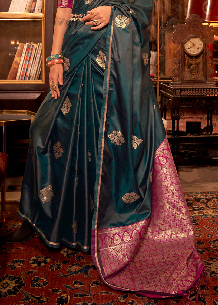 Deep Bluish Green Satin Silk Saree with All-Over Zari Butta Weave