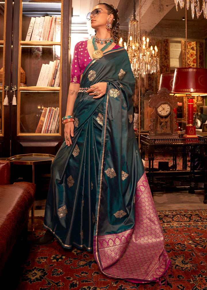Deep Bluish Green Satin Silk Saree with All-Over Zari Butta Weave