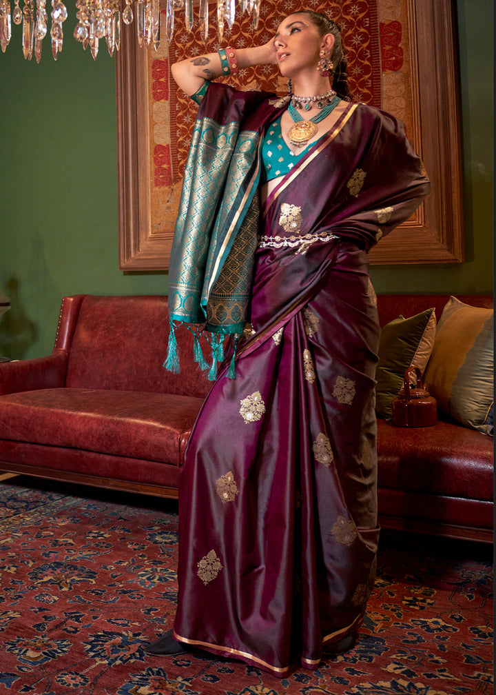 Maroon Purple Satin Silk Saree with All-Over Zari Butta Weave