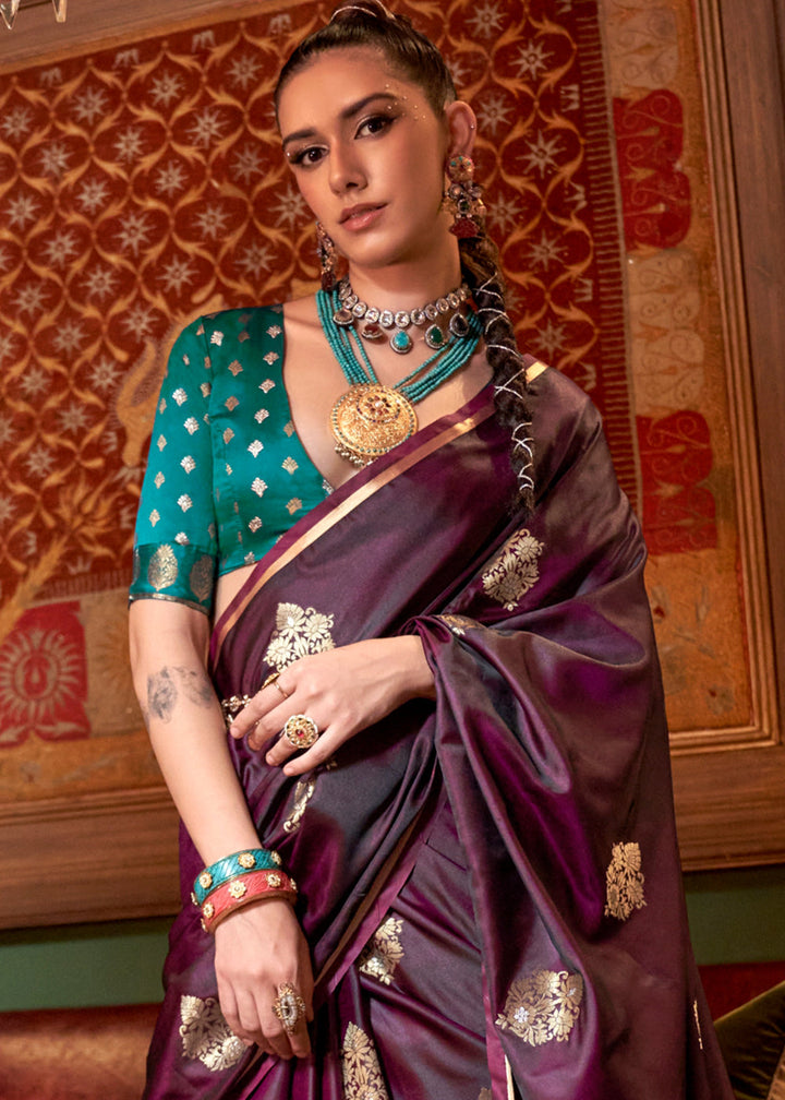 Maroon Purple Satin Silk Saree with All-Over Zari Butta Weave