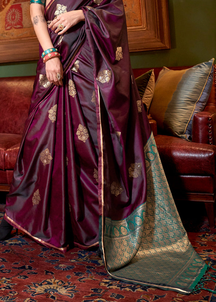 Maroon Purple Satin Silk Saree with All-Over Zari Butta Weave
